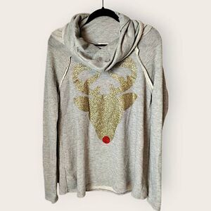 12pm By Mon Ami Womens Tee Sz M Unisex Cowl Neck Grey Gold Sparkle Reindeer Xmas
